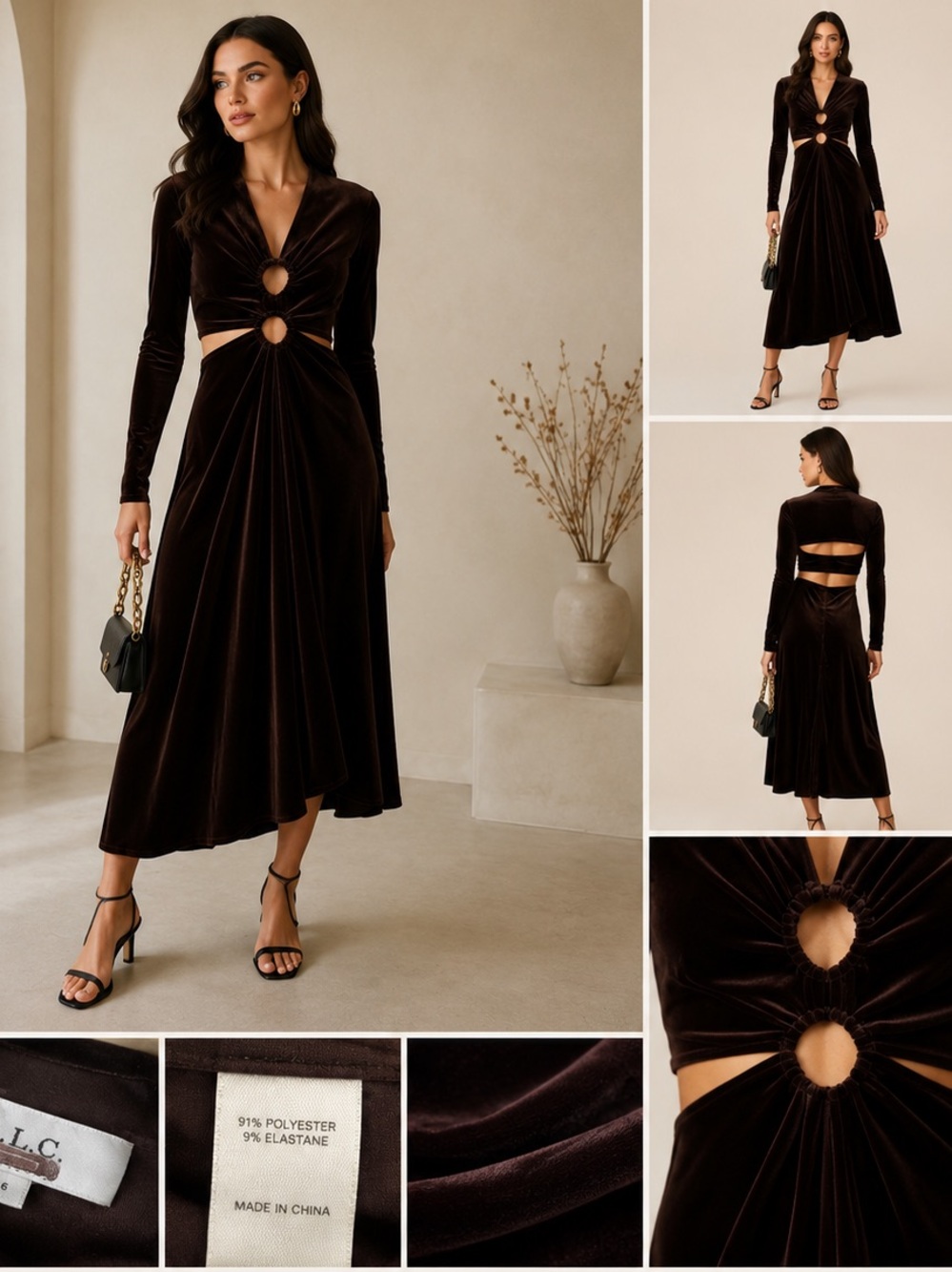 A.L.C. Maeve Velvet Cutout Midi Dress Brown Long Sleeve Size 6